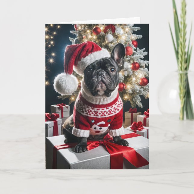 Cartão Buldogue Francês de Natal Com Papai Noel (Frente)