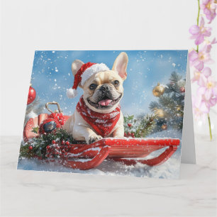 Cartão Buldogue Francês em Sledge Deixe-o nevar no Natal
