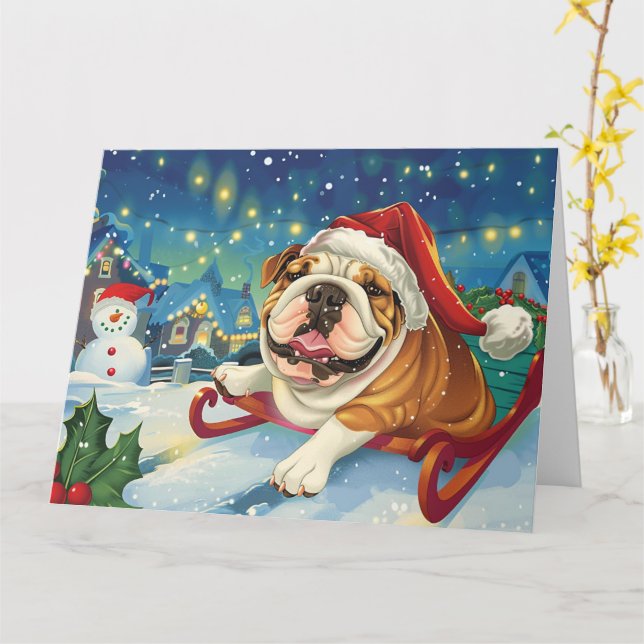 Cartão Buldogue no Natal de Sleigh Snow (Flor Amarela)