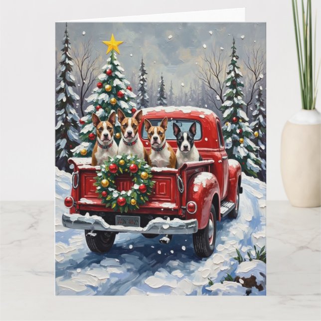Cartão Bull Terrier Christmas Red Truck Holiday (Frente)