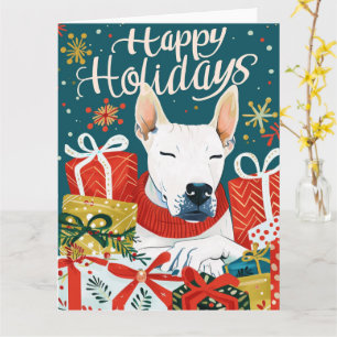 Cartão Bull Terrier com caixa de presente Natal