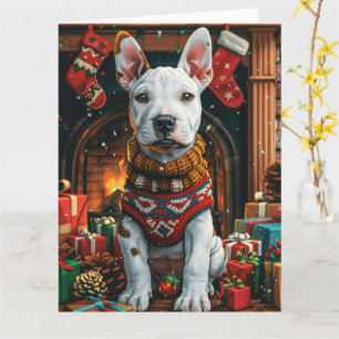 Cartão Bull Terrier com Lareira de presentes de Natal
