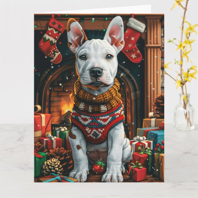 Cartão Bull Terrier com Lareira de presentes de Natal (Flor Amarela)