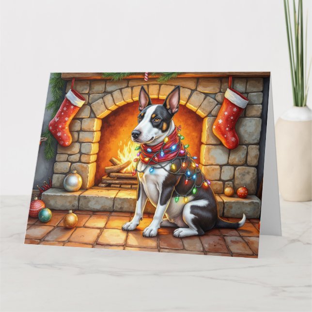 Cartão Bull Terrier Fireplace with Christmas Lights (Frente)