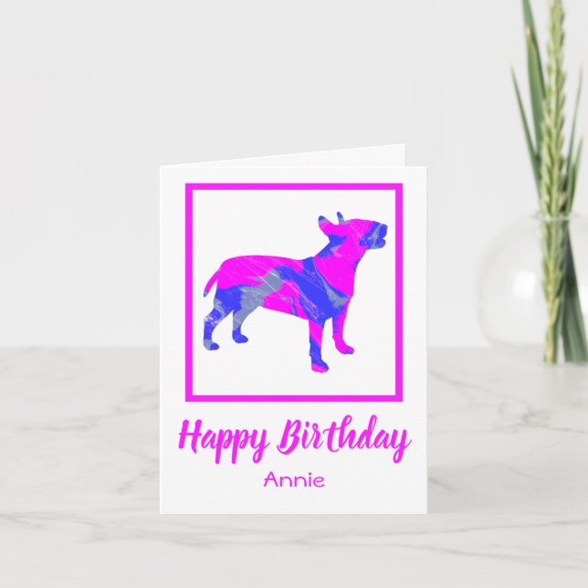 Cartão Bull Terrier Pink Dog Silhouthday Engraçado (Frente)