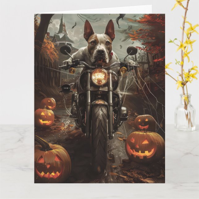 Cartão Bull Terrier Riding Motorcycle Halloween Scareen (Flor Amarela)