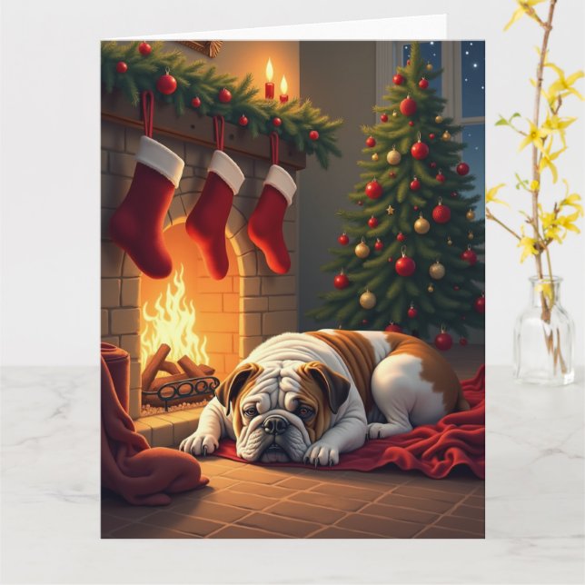 Cartão Bulldog by the Fireplace Christmas Painting (Flor Amarela)