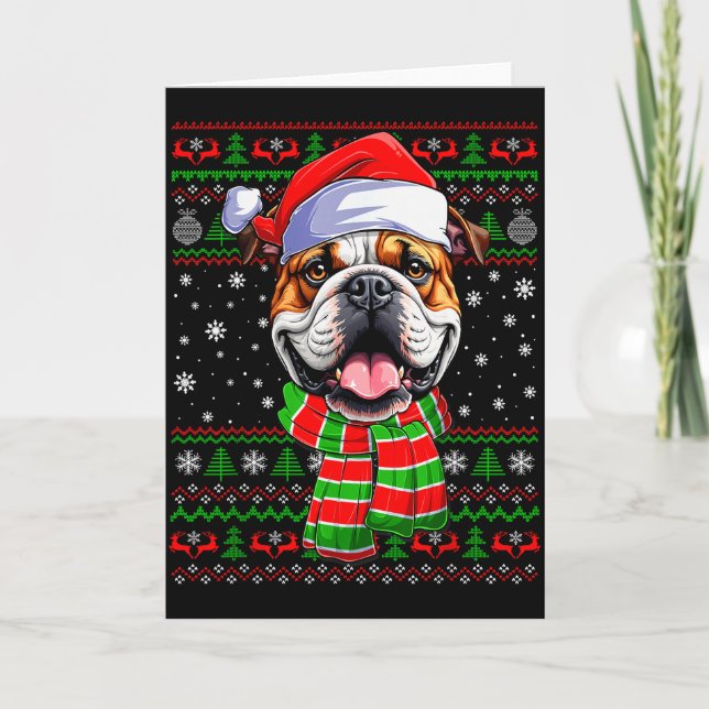 Cartão Bulldog Christmas Ugly Sweater Funny Santa Hat Dog (Frente)