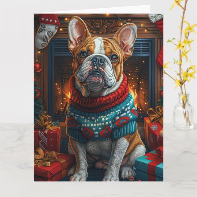 Cartão Bulldog com Lareira de presentes de Natal (Flor Amarela)