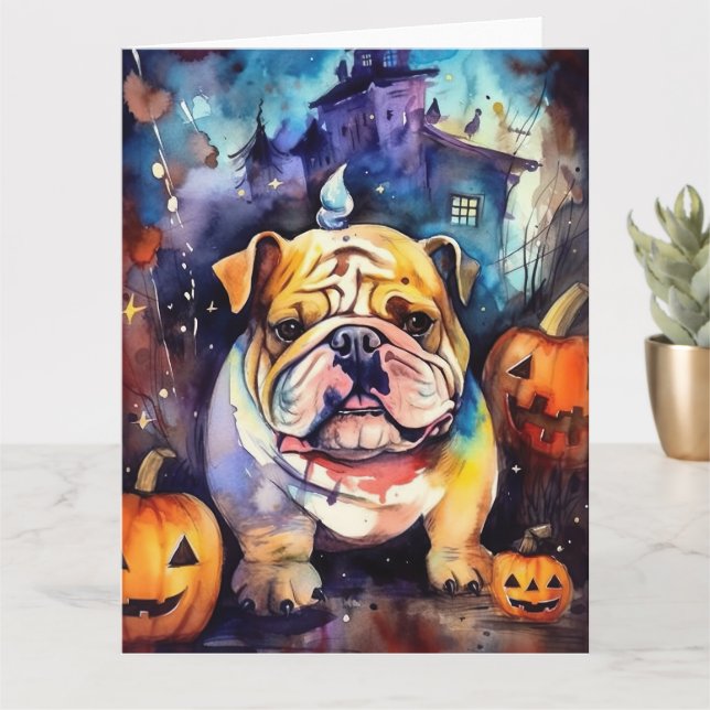 Cartão Bulldog de Halloween com Abóboras Assustadoras (Planta pequena)