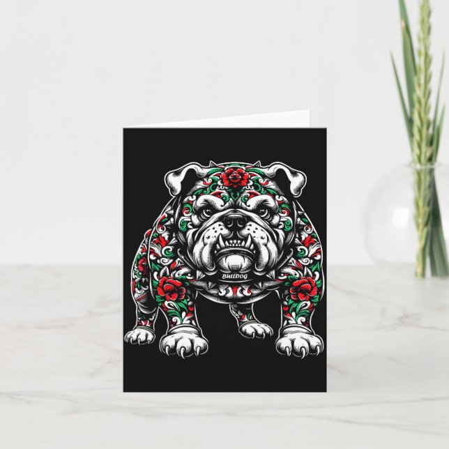 Cartão Bulldog Floral Red Rose Mens Womens  (Frente)