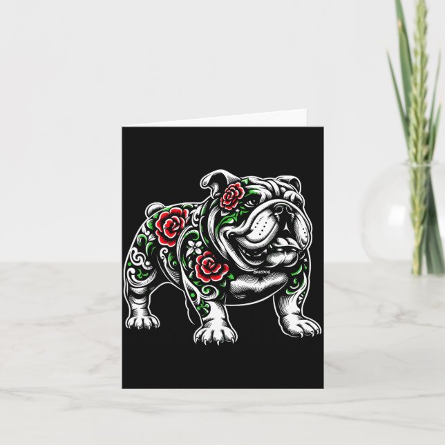 Cartão Bulldog Floral Red Rose Mens Womens  (Frente)