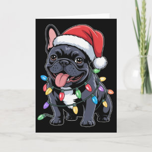 Cartão Bulldog Francês Chapéu de Papai Noel Luzes de Nata