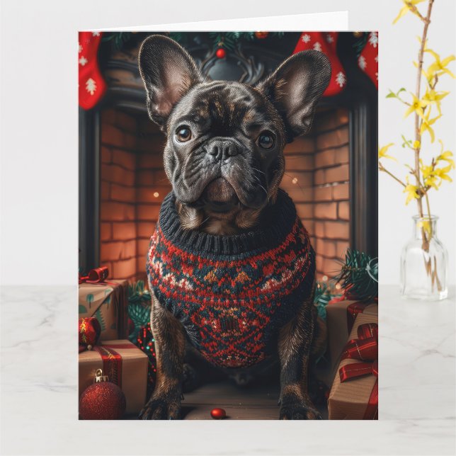 Cartão Bulldog Francês com Lareira de presentes de Natal (Flor Amarela)