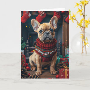 Cartão Bulldog Francês Com Presentes de Natal Lareira