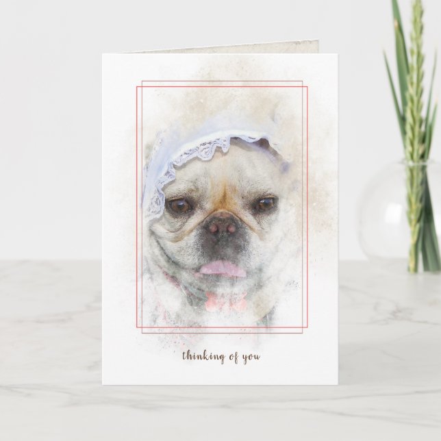Cartão Bulldog Francês com touca de renda holandesa (Frente)