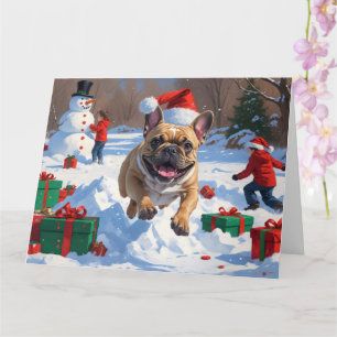 Cartão Bulldog Francês Correndo em Neve com Chapéu de Nat