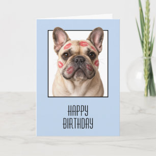 Cartão Bulldog Francês de Aniversário com Beijos de Batom