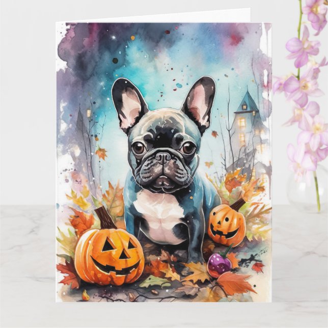 Cartão Bulldog Francês de Halloween com Abóboras Assustad (Orquídea)