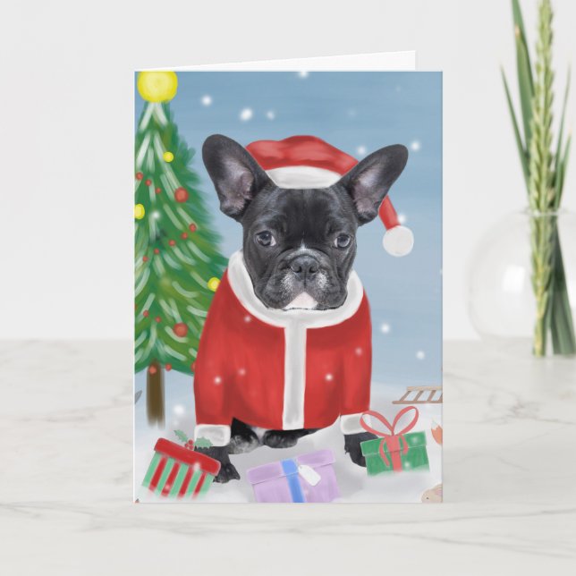 Cartão Bulldog Francês em Neve com Presentes de Natal (Frente)