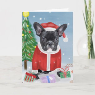 Cartão Bulldog Francês em Neve com Presentes de Natal