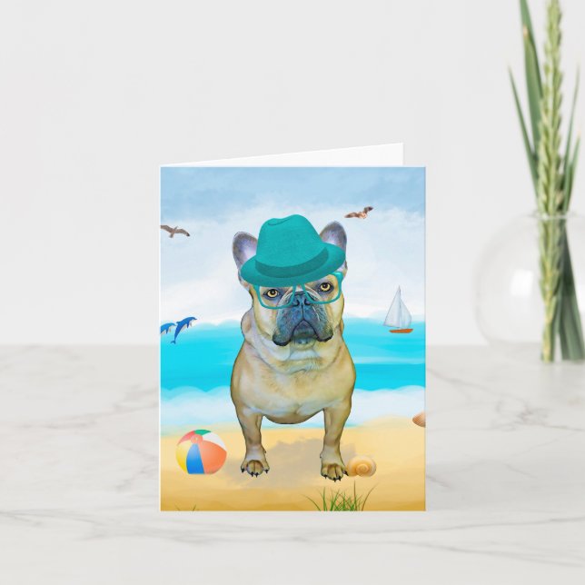 Cartão Bulldog francês na praia (Frente)