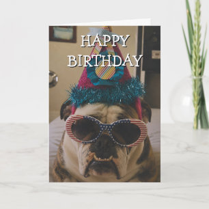 Cartão Bulldog Inglês Com Chapéu de Festa Usando Óculos d