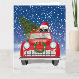 Cartão Bulldog Inglês Dirigindo Carro na Neve Natal