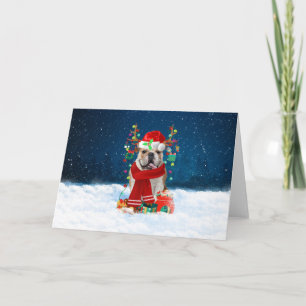 Cartão Bulldog Inglês na Neve com Presentes de Natal