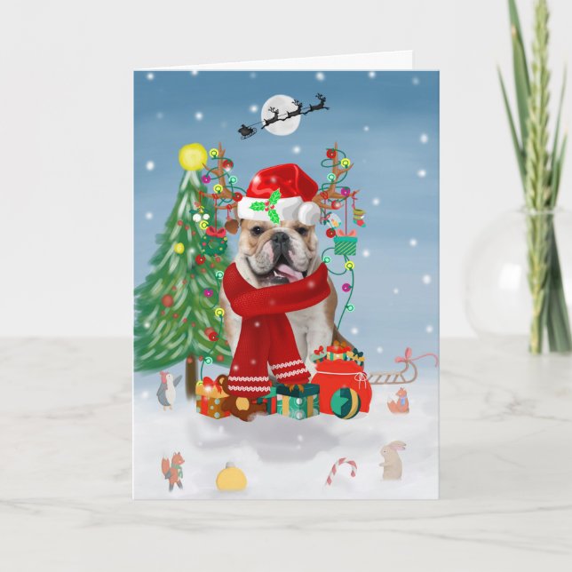 Cartão Bulldog Inglês na Neve com Presentes de Natal  (Frente)