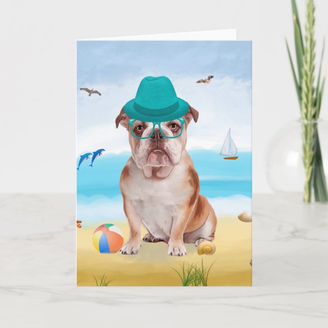 Cartão Bulldog Inglês na Praia (Frente)