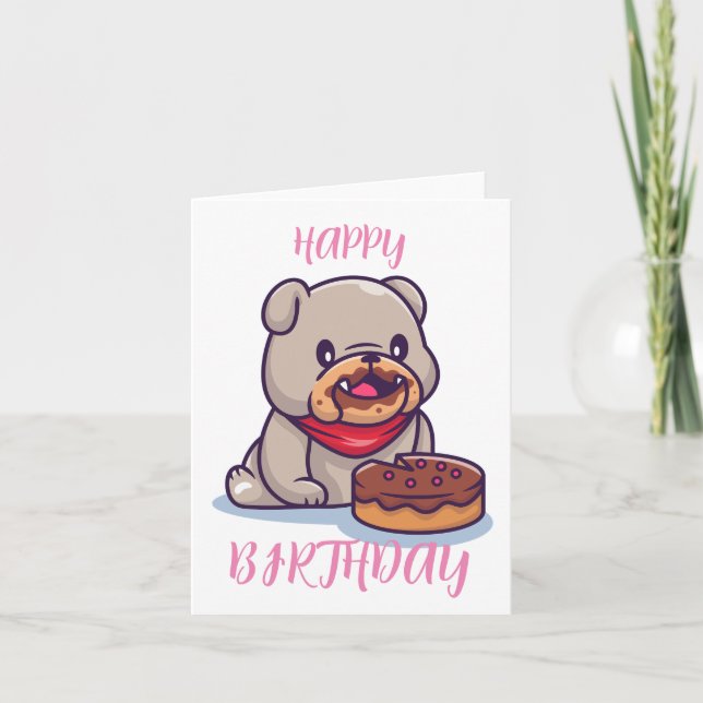 Cartão Bulldog Kawaii Happy Birthday (Frente)