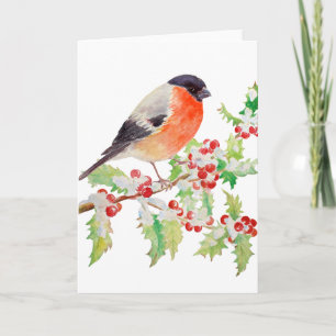 Cartão Bullfinch na Holly Branch na Snow Greeting Card