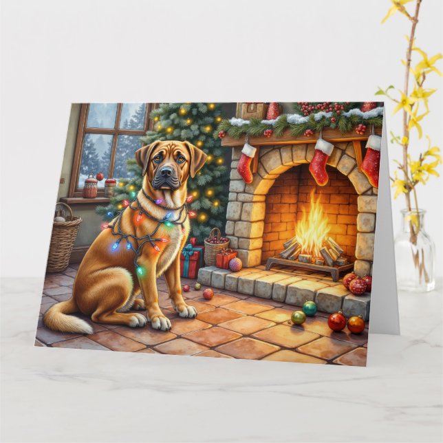Cartão Bullmastiff Fireplace with Christmas Lights (Flor Amarela)