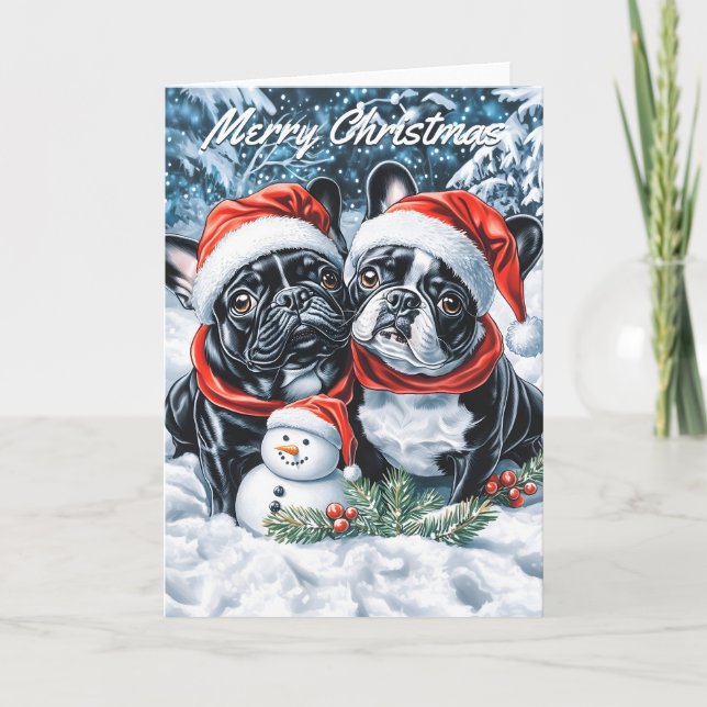 Cartão Bulls Franceses e Snowman Christmas (Frente)