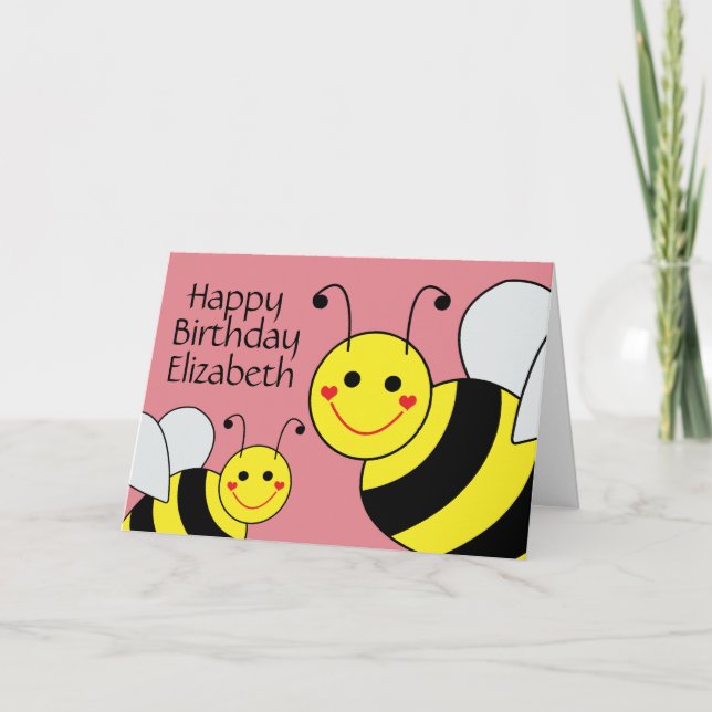 Cartão Bumble Bee Feliz de Aniversário Rosa Personalizado (Frente)