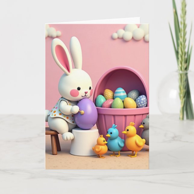 Cartão Bunny Decorates Egg Holiday Card (Frente)