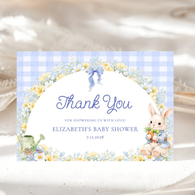 Cartão Bunny Gingham Blue Baby Shower Thank You  Card (Criador carregado)