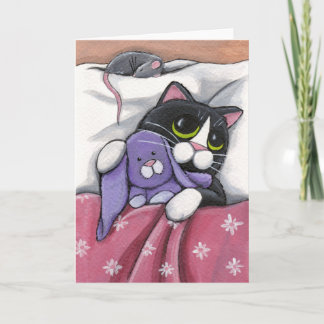 Cartão Bunny Hugz | Tuxedo Cat and Toy Bunny Illustration