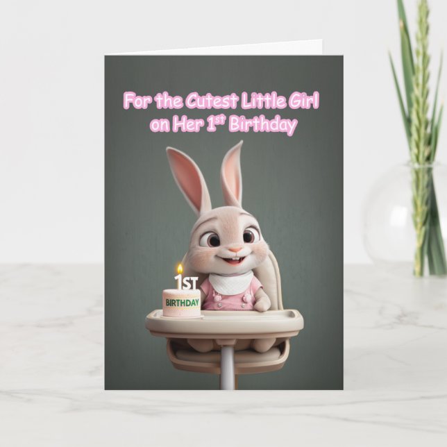 Cartão Bunny in Pink Cutest Little Girl 1st Birthday (Frente)