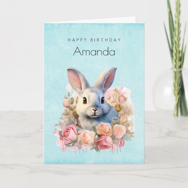 Cartão Bunny with a Garland of Roses Cute Birthday (Frente)