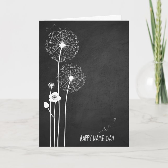 Cartão Buquê de dandelion branco no chalkboard Name Day (Frente)