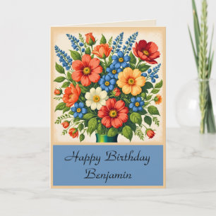 Cartão Buquê De Flores Azuis Vintage Dobrado Aniversário 