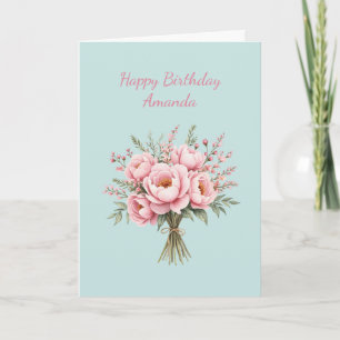Cartão Buquê de Flores de Peônia Rosa Bonito de Aniversár