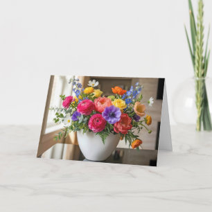 Cartão Buquê de Flores de Verão de Aniversário em Vaso