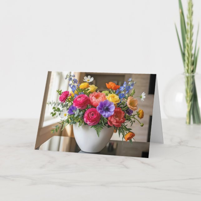 Cartão Buquê de Flores de Verão de Aniversário em Vaso (Frente)