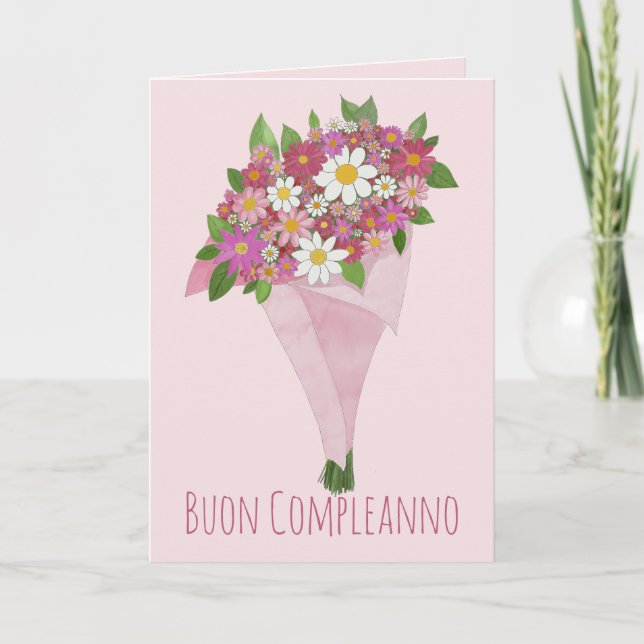 Cartão Buquê de flores rosa de aniversário italiano (Frente)