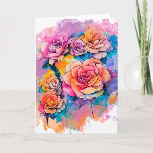 Cartão Buquê de Rosas com Pingos de Tinta em Aquarela Mod (Frente)