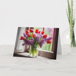Cartão Buquê de Tulipa Vermelha e Lilás de Aniversário