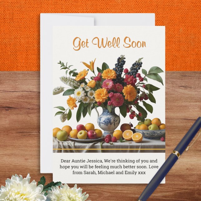 Cartão Buquê Floral com Fruta Fique Bem Em Breve (A card with 'Get Well Soon' message and picture of a beautiful vase of flowers with fresh fruits)